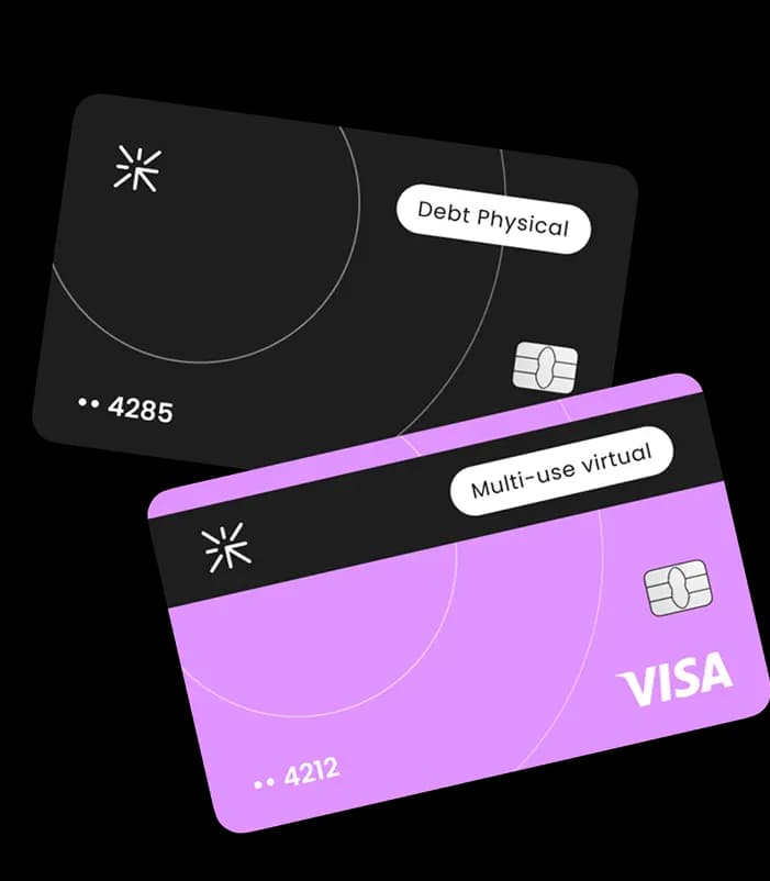 Black physical and purple virtual bank cards rendered for the neobank app design.