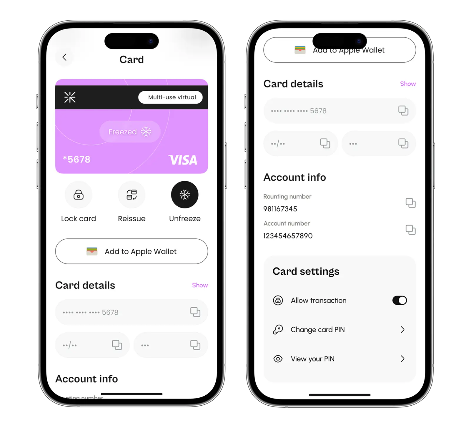 Phone mockups of the neobank app card details and account settings screens.