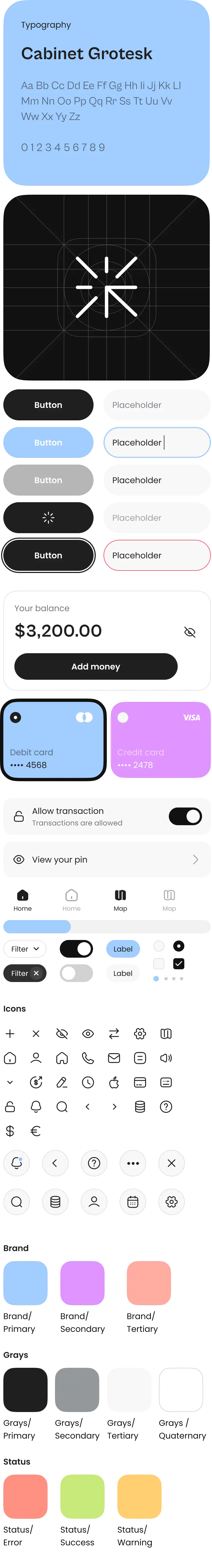 Neobank app UI kit on a dark board: Cabinet Grotesk type specimen, brand and status color swatches, icons and buttons.