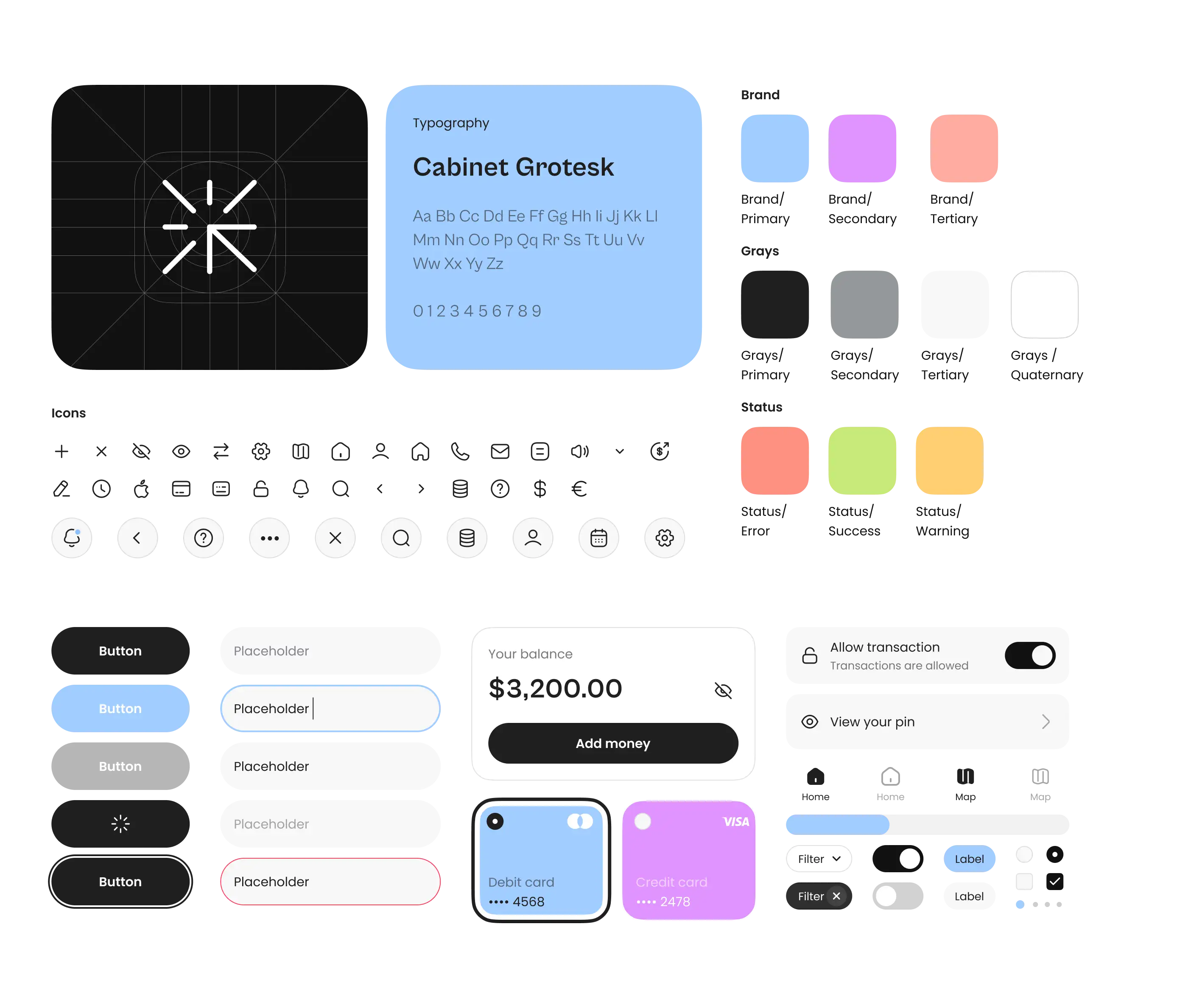 Neobank app UI kit on a dark board: Cabinet Grotesk type specimen, brand and status color swatches, icons and buttons.