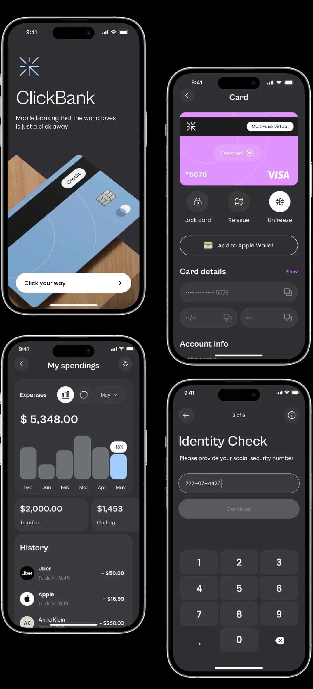 Neobank app dark mode screens: the welcome screen, card details, spending analytics and identity check.