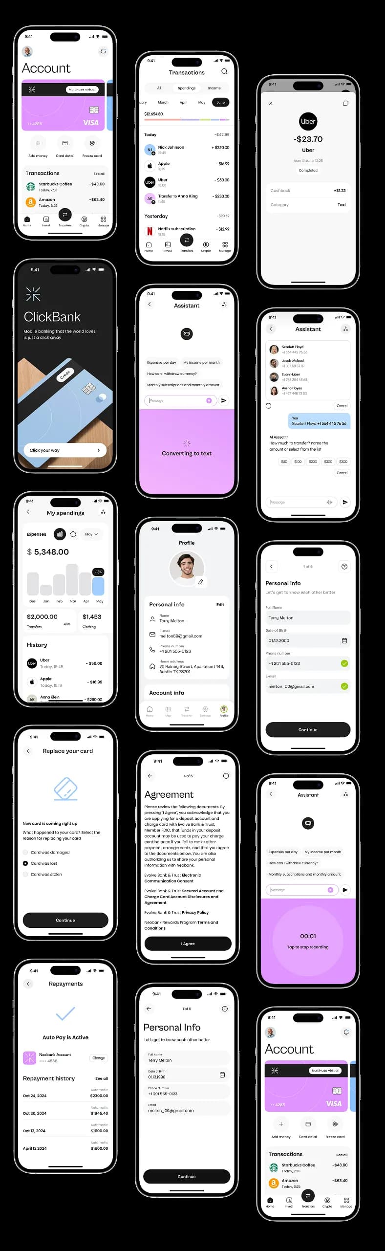 Grid of the neobank app screens: account, transactions, spending analytics, AI assistant and profile.