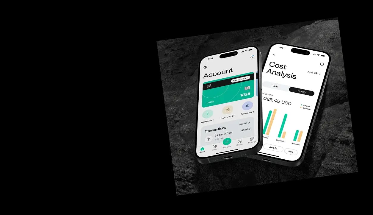 Tilted phones with early neobank app screen drafts on a dark surface.