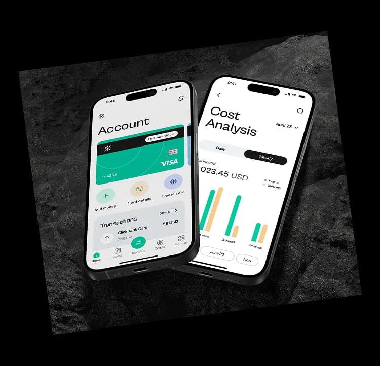 Tilted phones with early neobank app screen drafts on a dark surface.