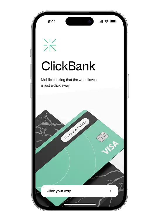Phone mockup of an early neobank app onboarding screen draft.