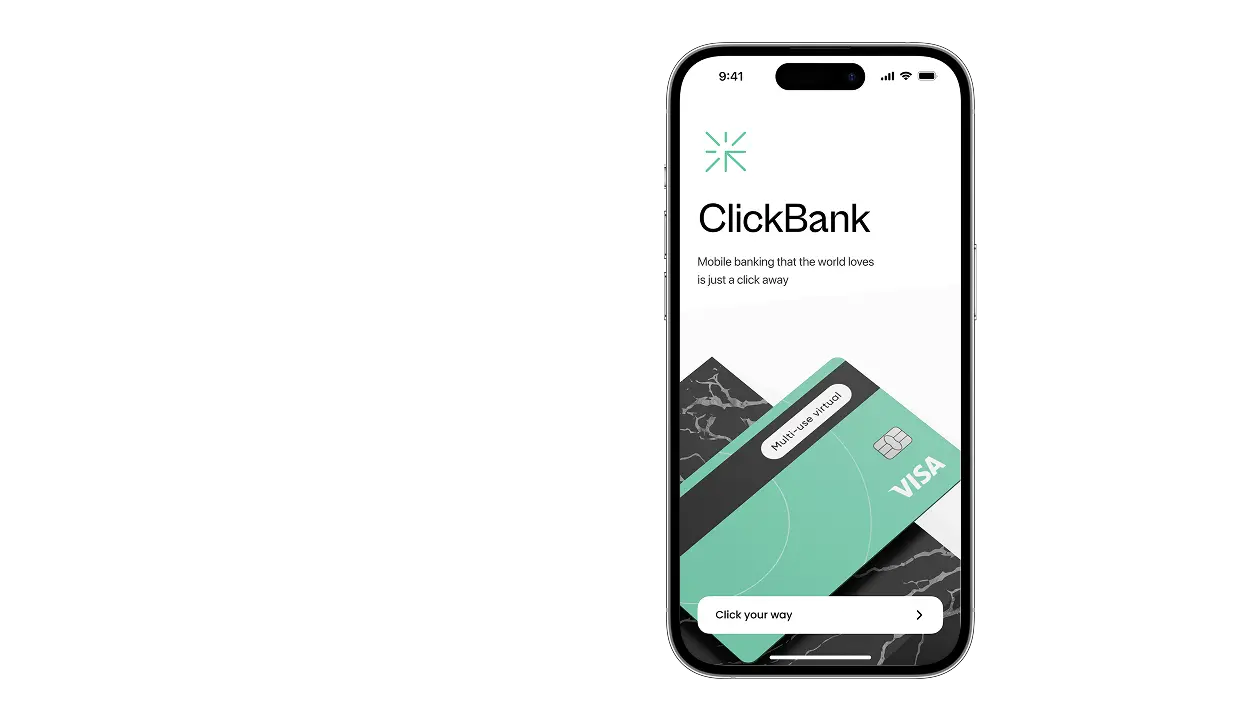 Phone mockup of an early neobank app onboarding screen draft.