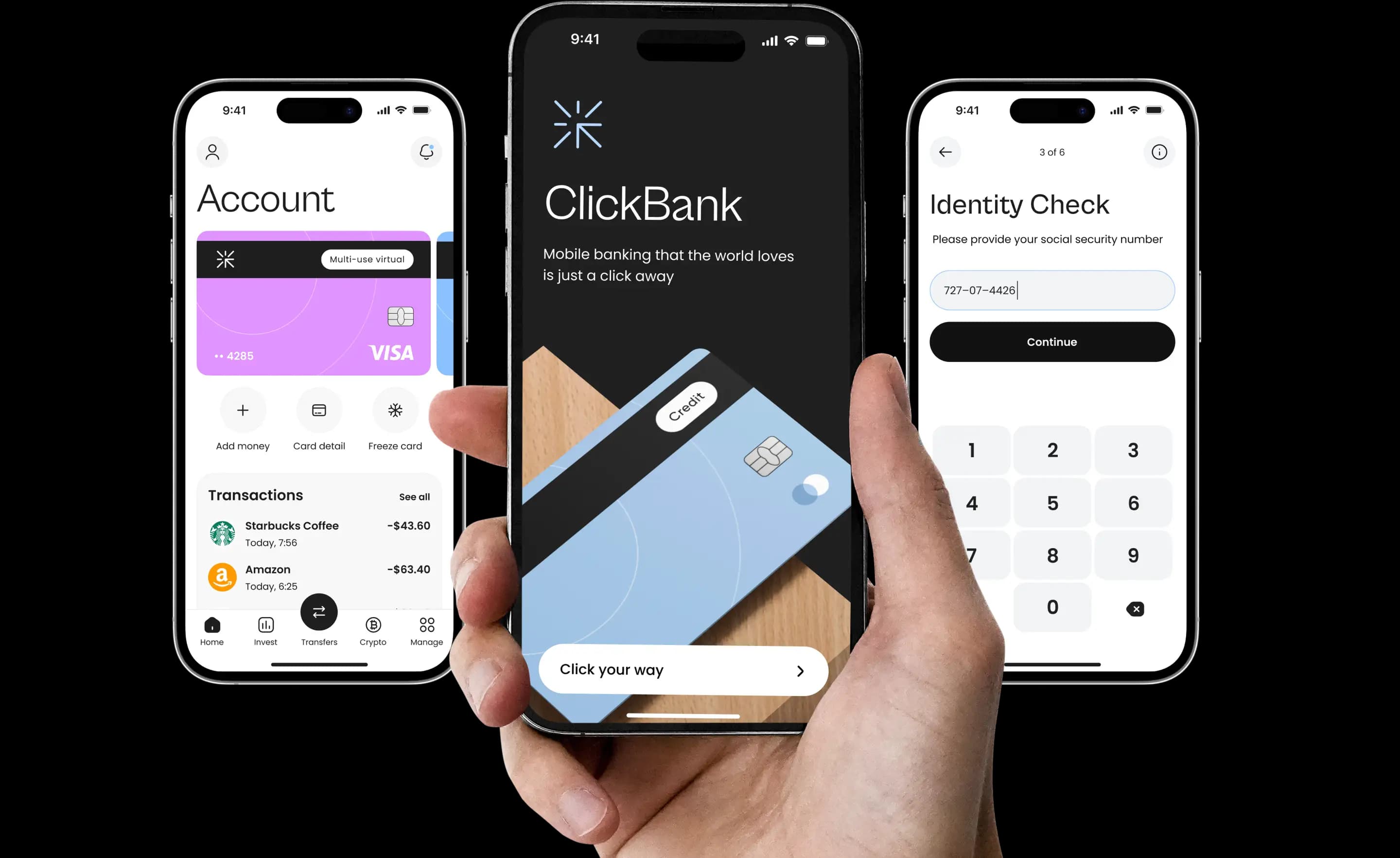 Three phones, one held in hand, showing the neobank app welcome, account and identity check screens.