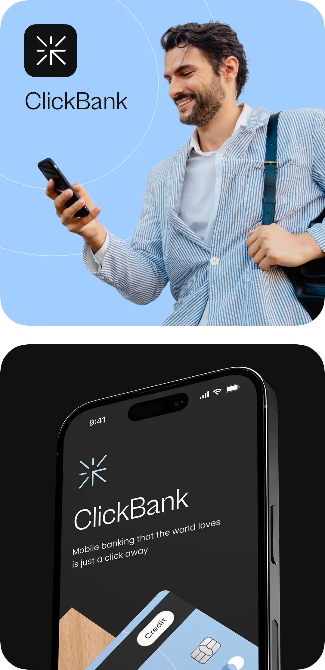 Smiling man using his phone beside a neobank app onboarding screen in the final design.