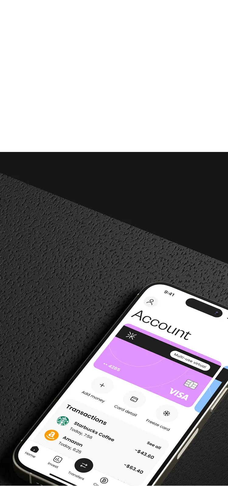 Phone on a dark surface showing the neobank app account screen as the case header.