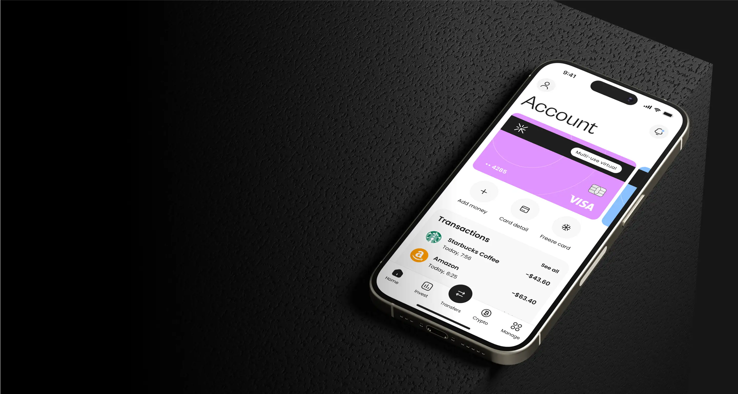Phone on a dark surface showing the neobank app account screen as the case header.