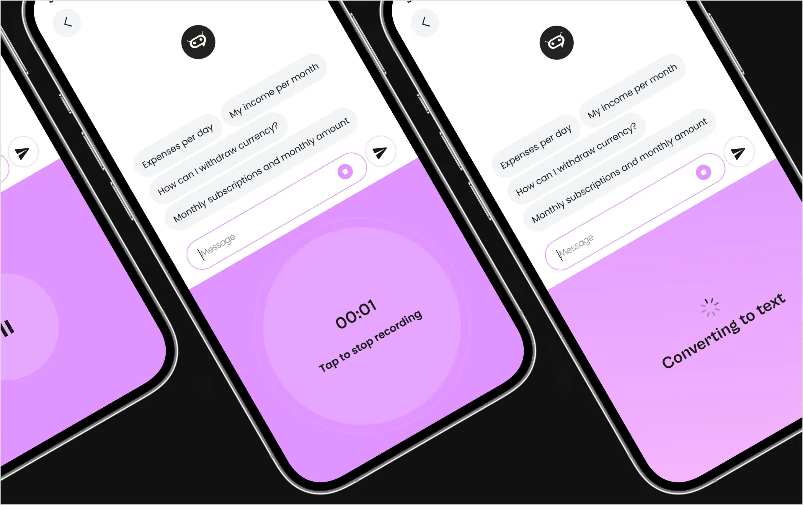 Tilted phones showing the neobank app AI assistant recording a voice message and converting it to text.