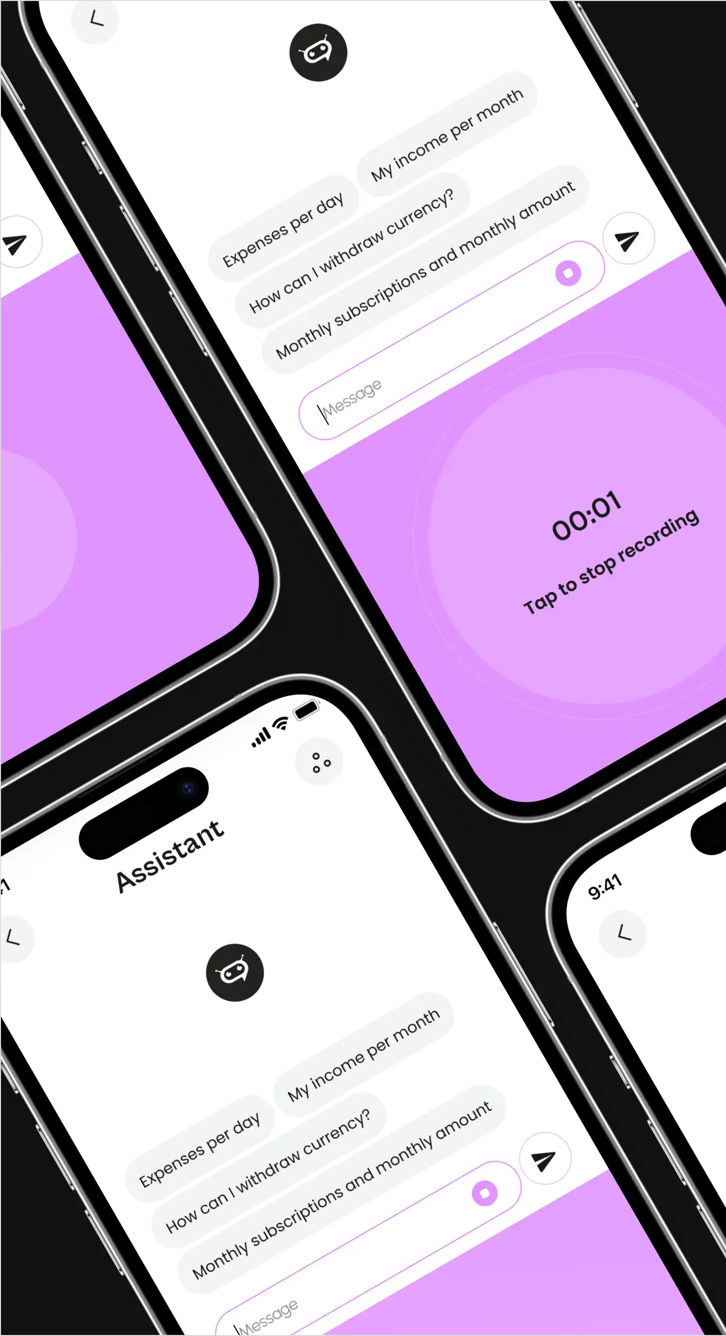 Tilted phones showing the neobank app AI assistant recording a voice message and converting it to text.