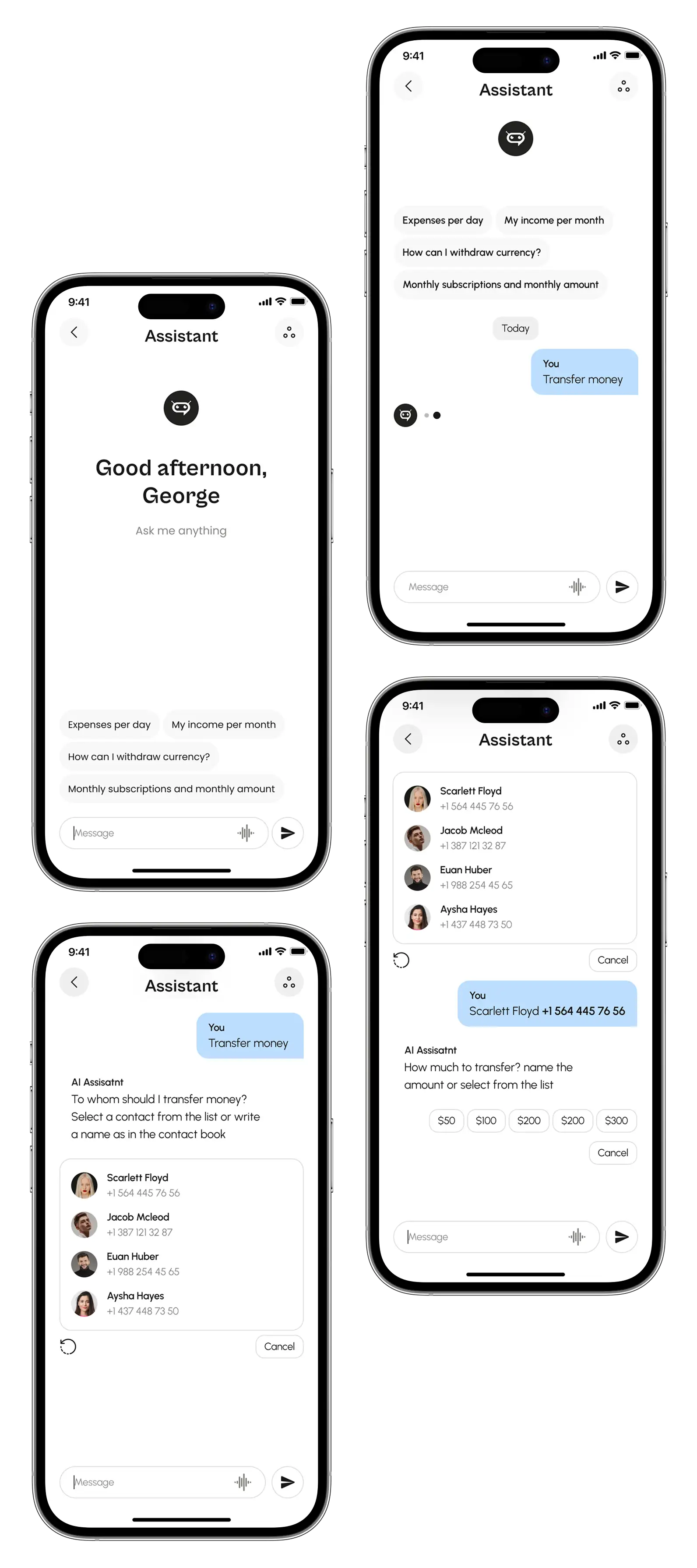 Neobank app AI assistant chat screens shown across several phone mockups.