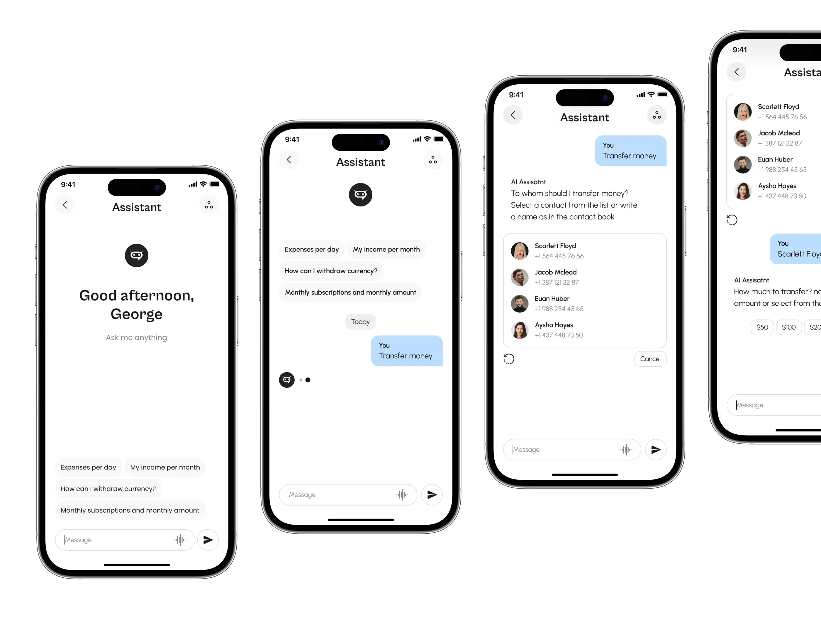 Neobank app AI assistant chat screens shown across several phone mockups.