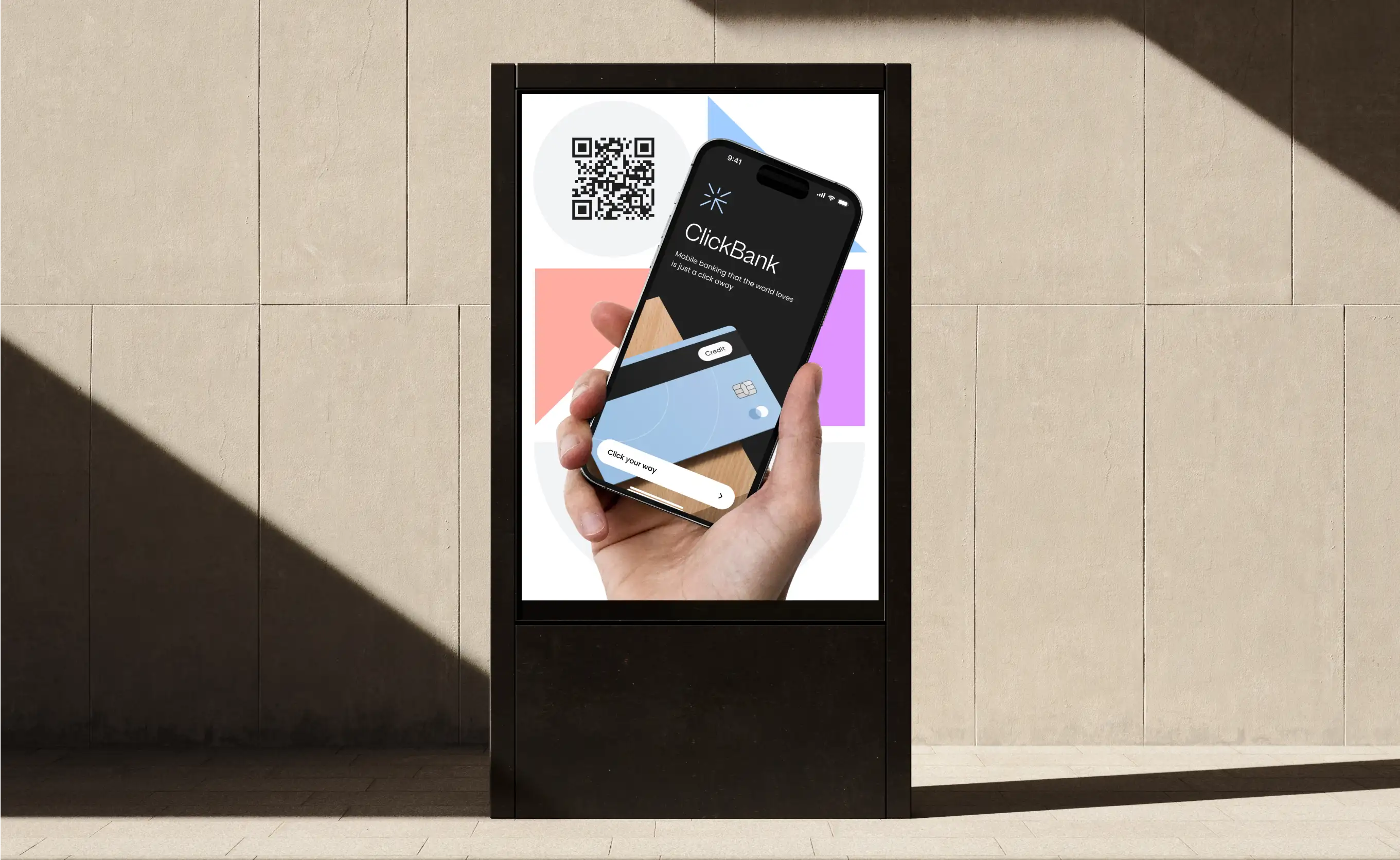 Outdoor billboard showing the neobank app onboarding screen and a QR code against a tiled wall.