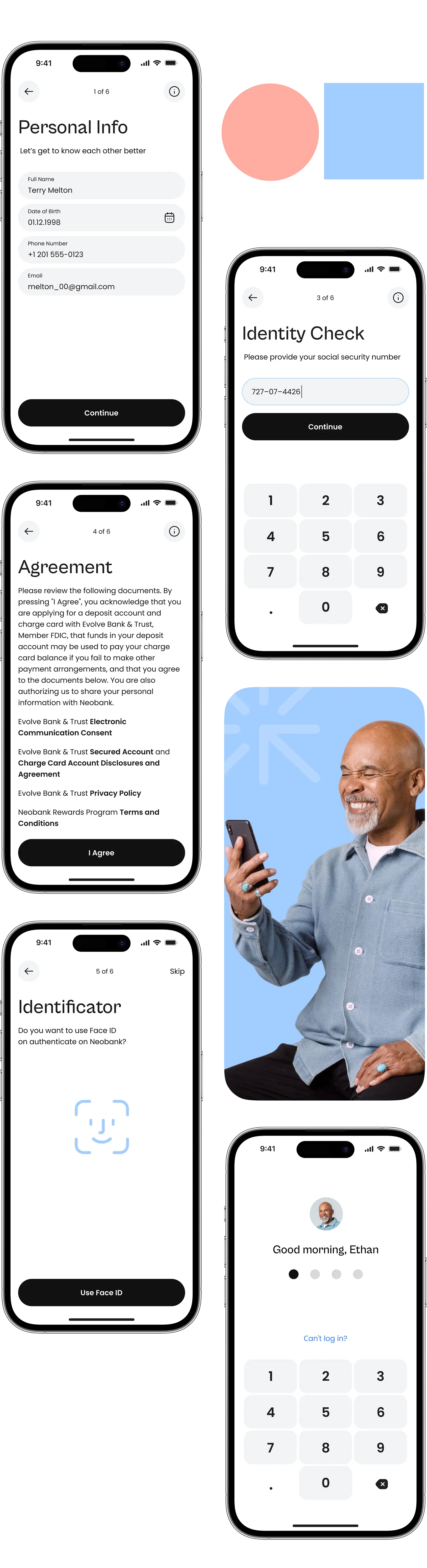 Phones showing the neobank app identity verification and registration steps.