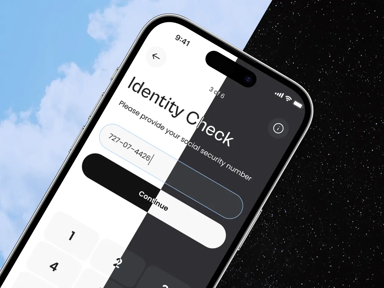 Phone showing the neobank app identity check screen split between the light theme on a cloudy sky and the dark theme on a starry night.