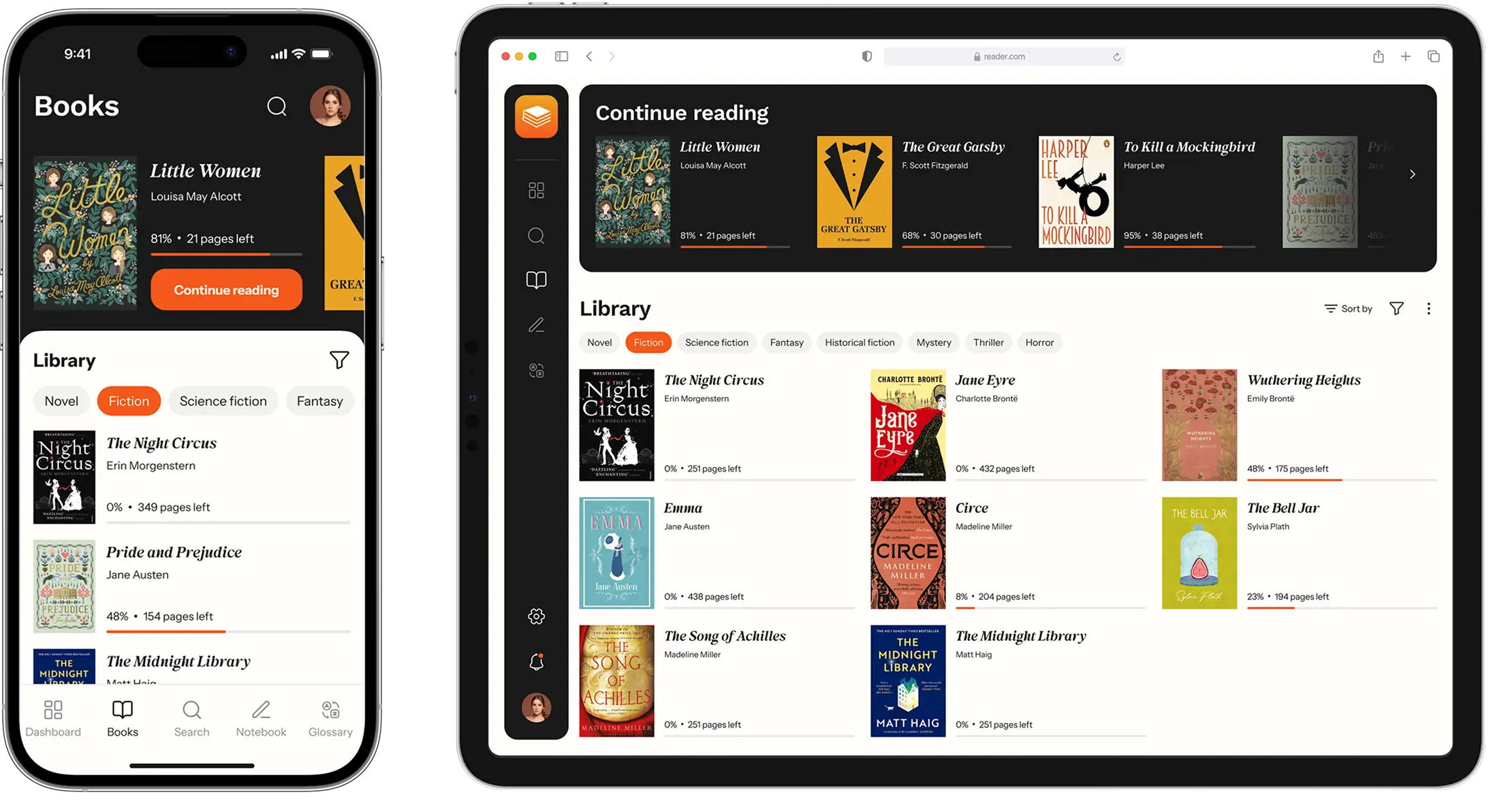Phone and tablet showing the book menu with covers, titles and reading progress.