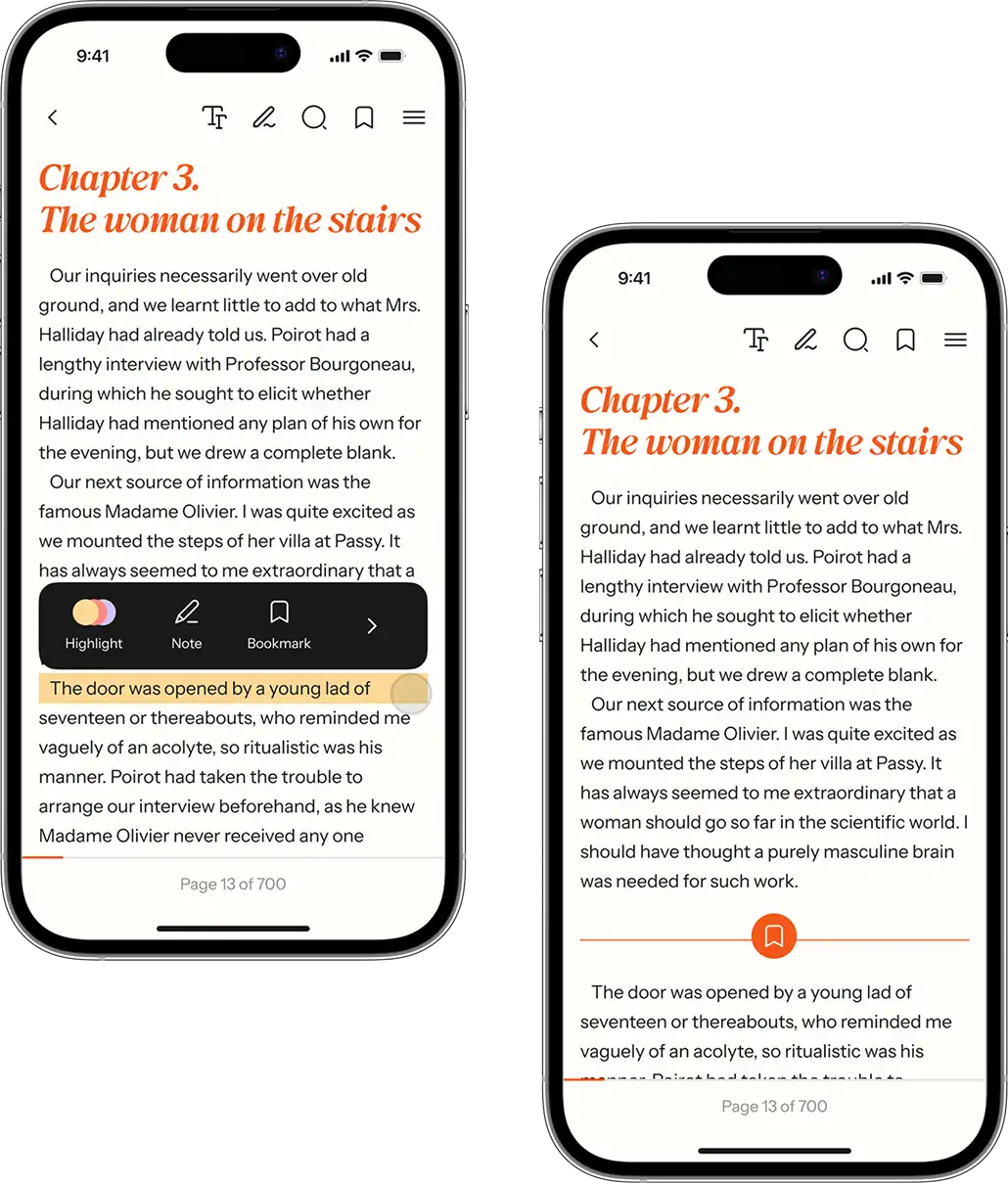 Phone screens showing a bookmark being created on the reading screen.