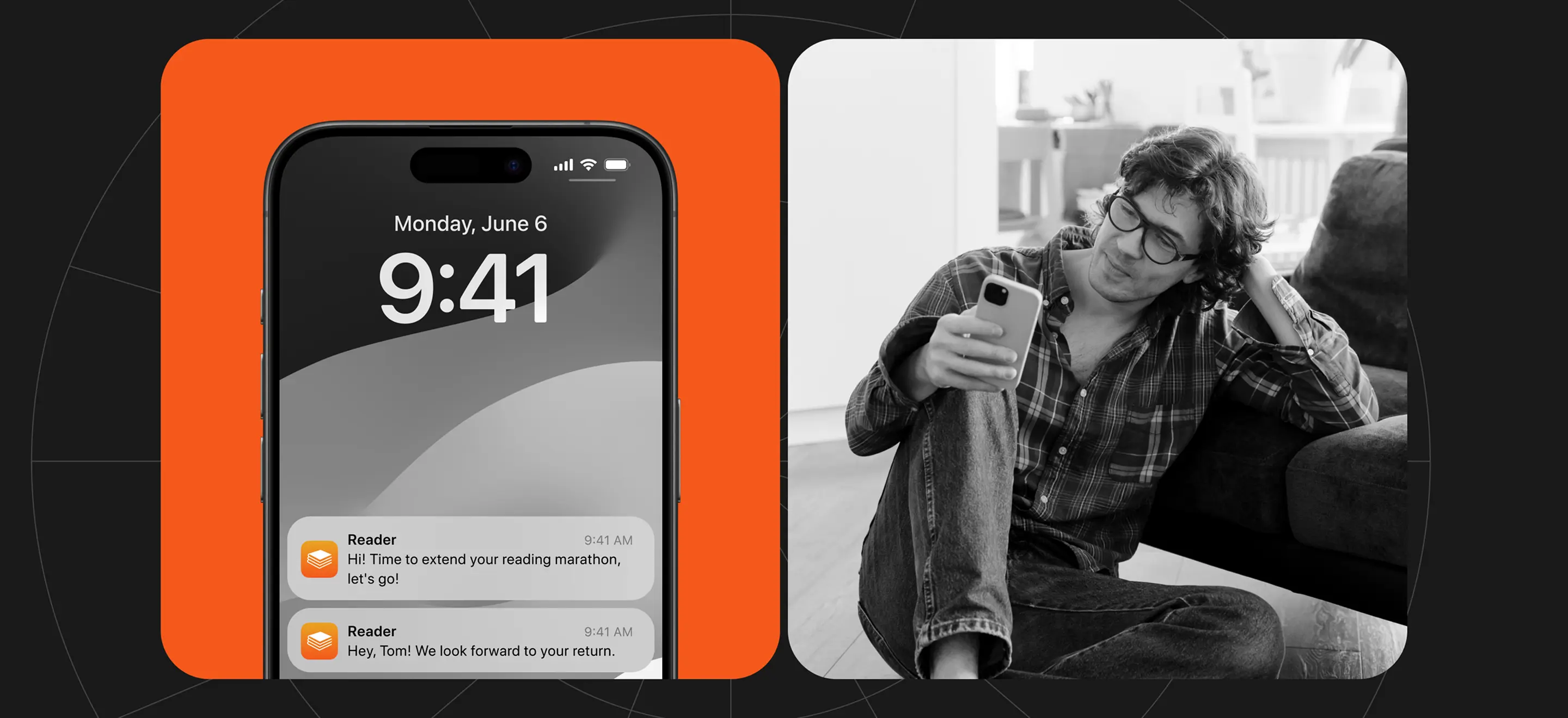 Phone lock screen with reading reminder notifications beside a photo of a man reading on a phone.