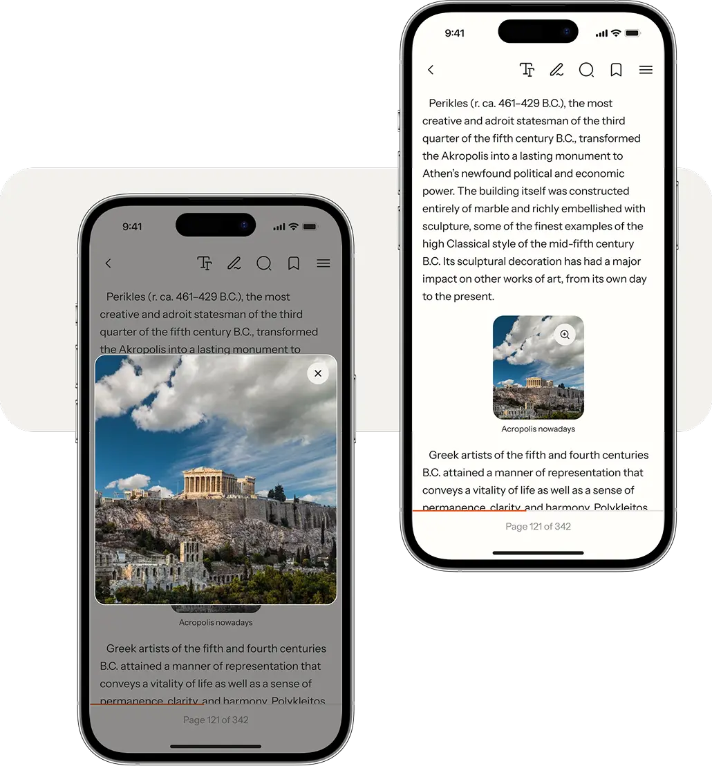 Phone screens showing a book illustration enlarged from the reading screen.