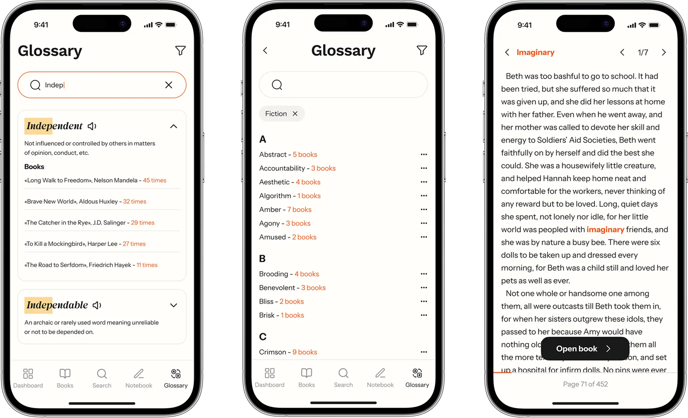 Phone screens showing glossary search, the alphabetical word list and a word highlighted in a book.