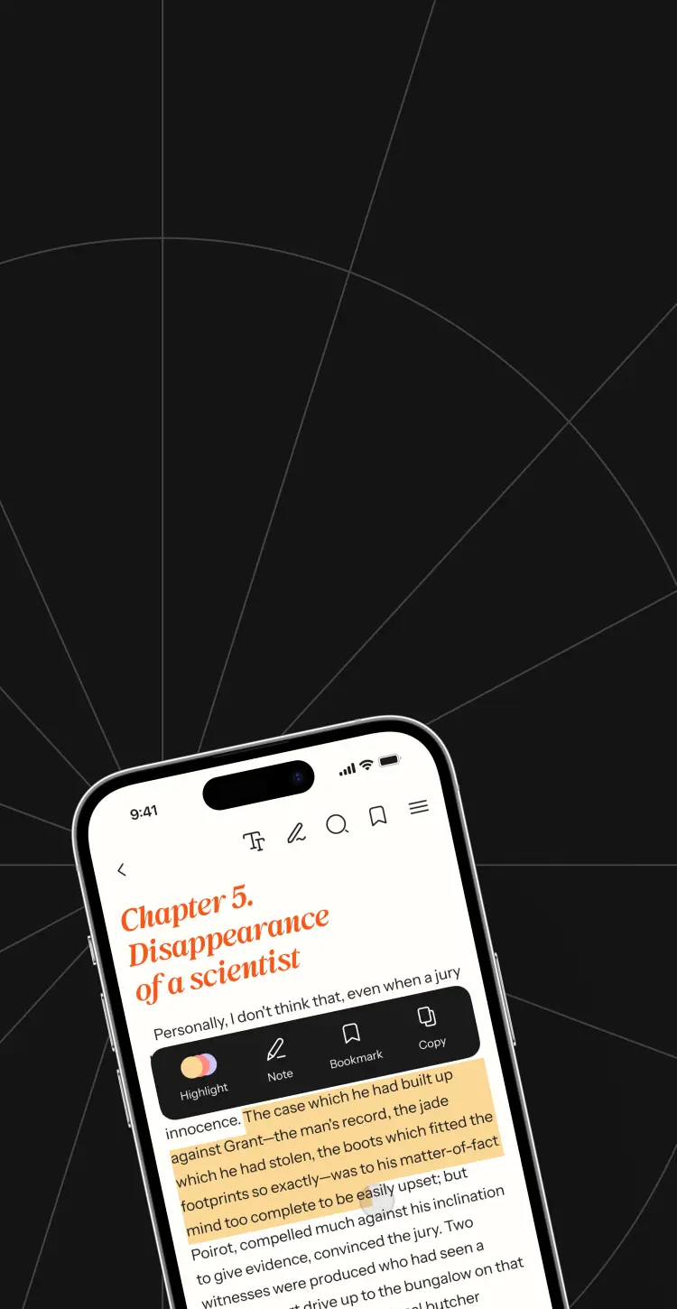 Phone showing a chapter page with the highlight, note and bookmark menu open.