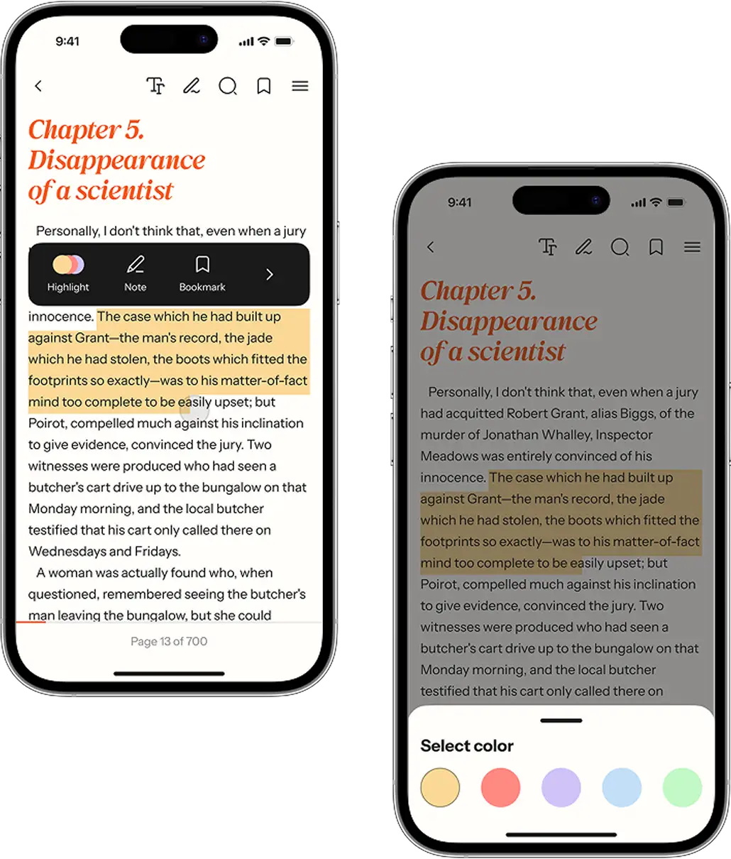Phone screens showing highlighted text and the highlight color selection menu.