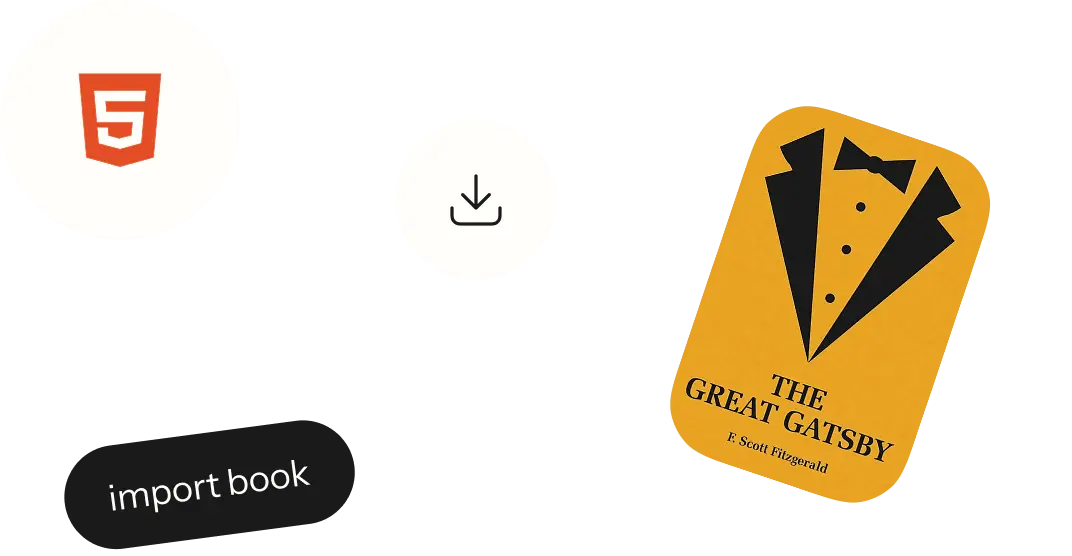 HTML5 logo, a download icon, an import book button and The Great Gatsby book cover.