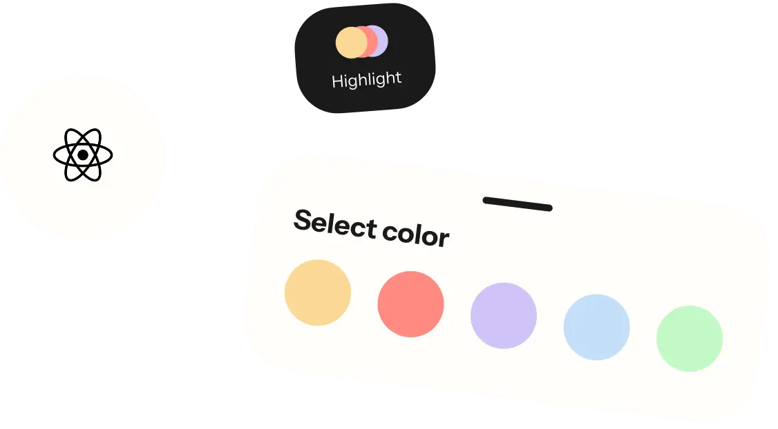 React logo, a Highlight button and the Select color menu with five color options.