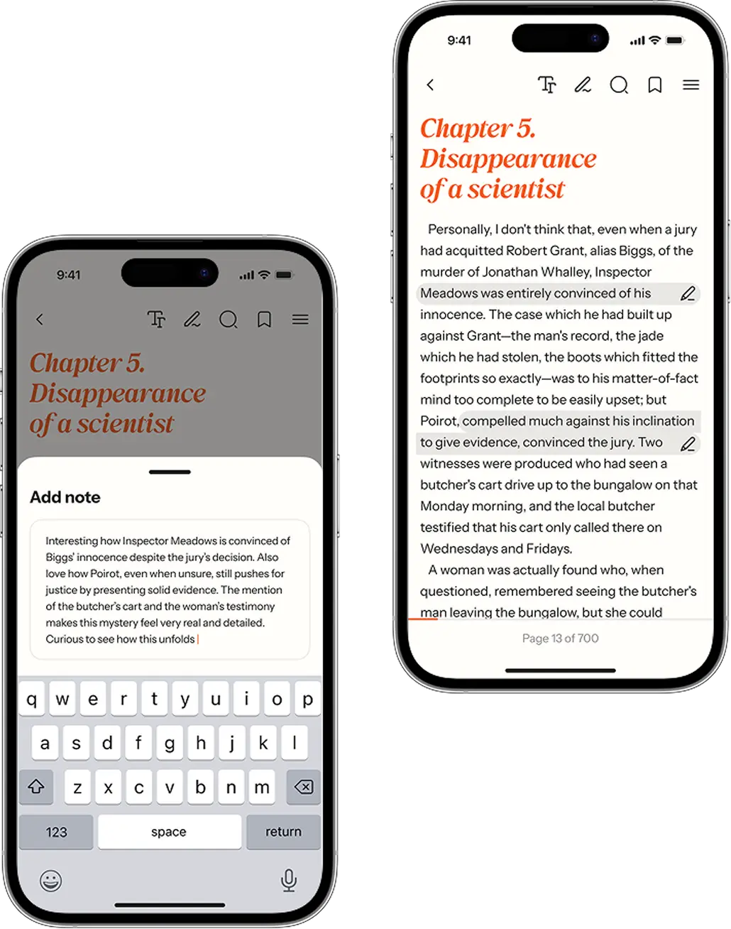 Phone screens showing a note being typed and note marks in the book text.