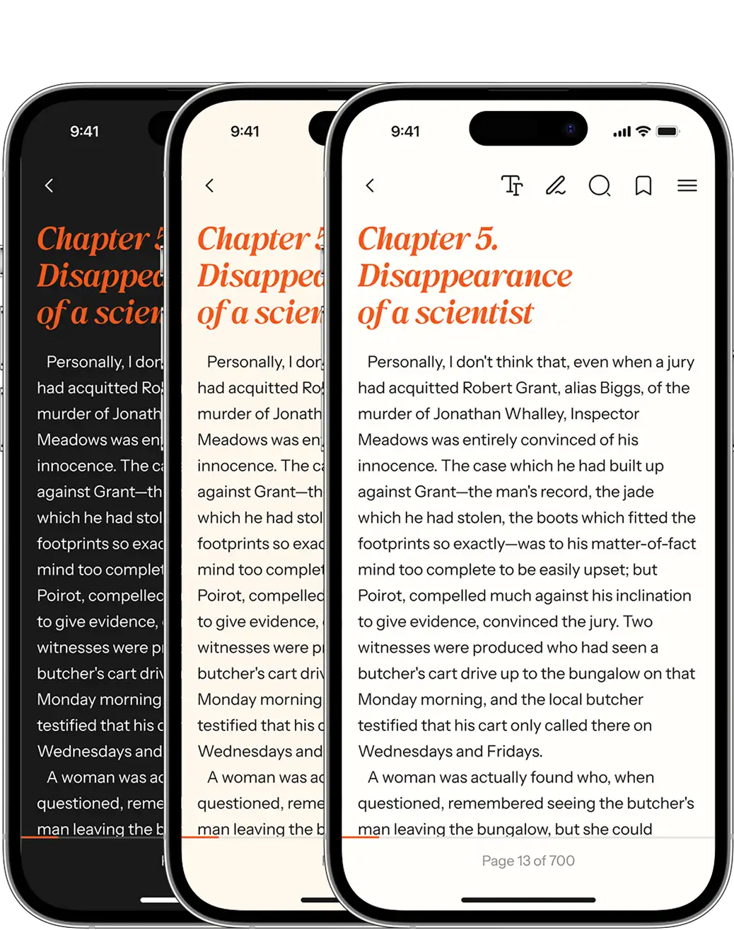 Three phone screens comparing the dark, sepia and light reading themes.