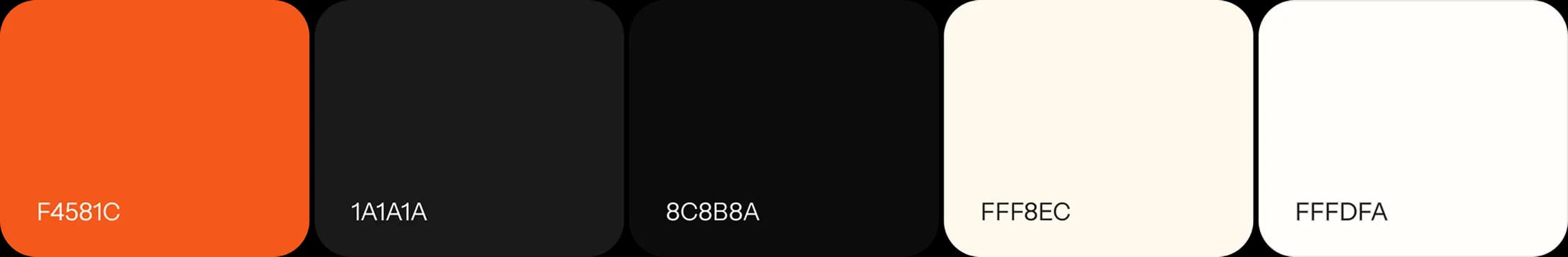 App color palette: orange F4581C, near-black 1A1A1A, grey 8C8B8A, cream FFF8EC and off-white FFFDFA.