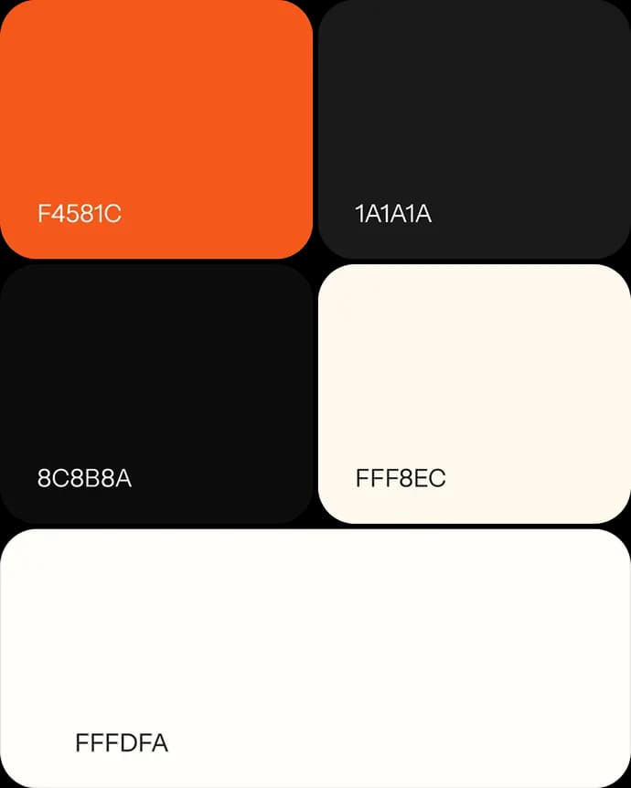 App color palette: orange F4581C, near-black 1A1A1A, grey 8C8B8A, cream FFF8EC and off-white FFFDFA.
