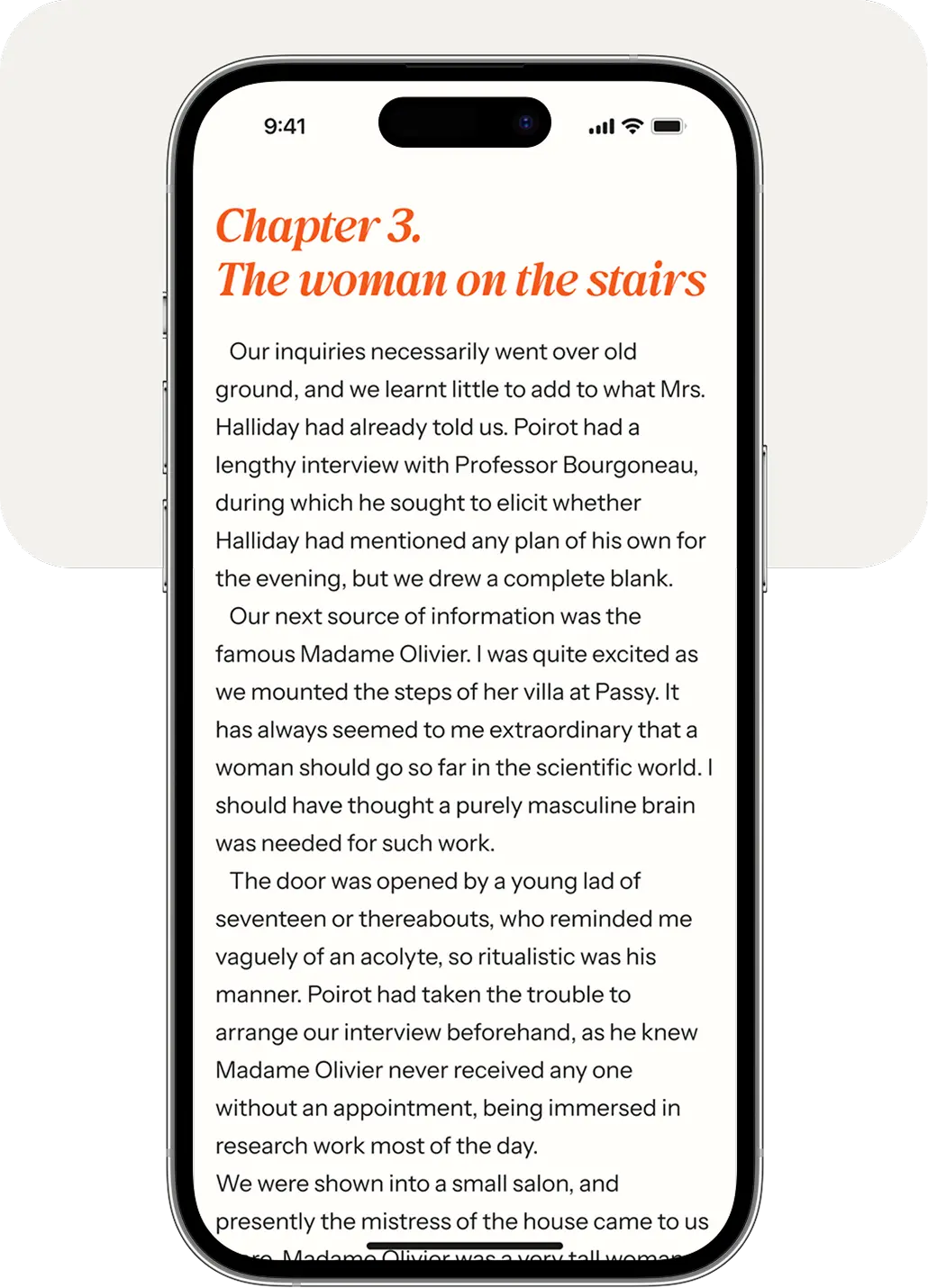 Phone showing a chapter page with an accented title and body text of a book.