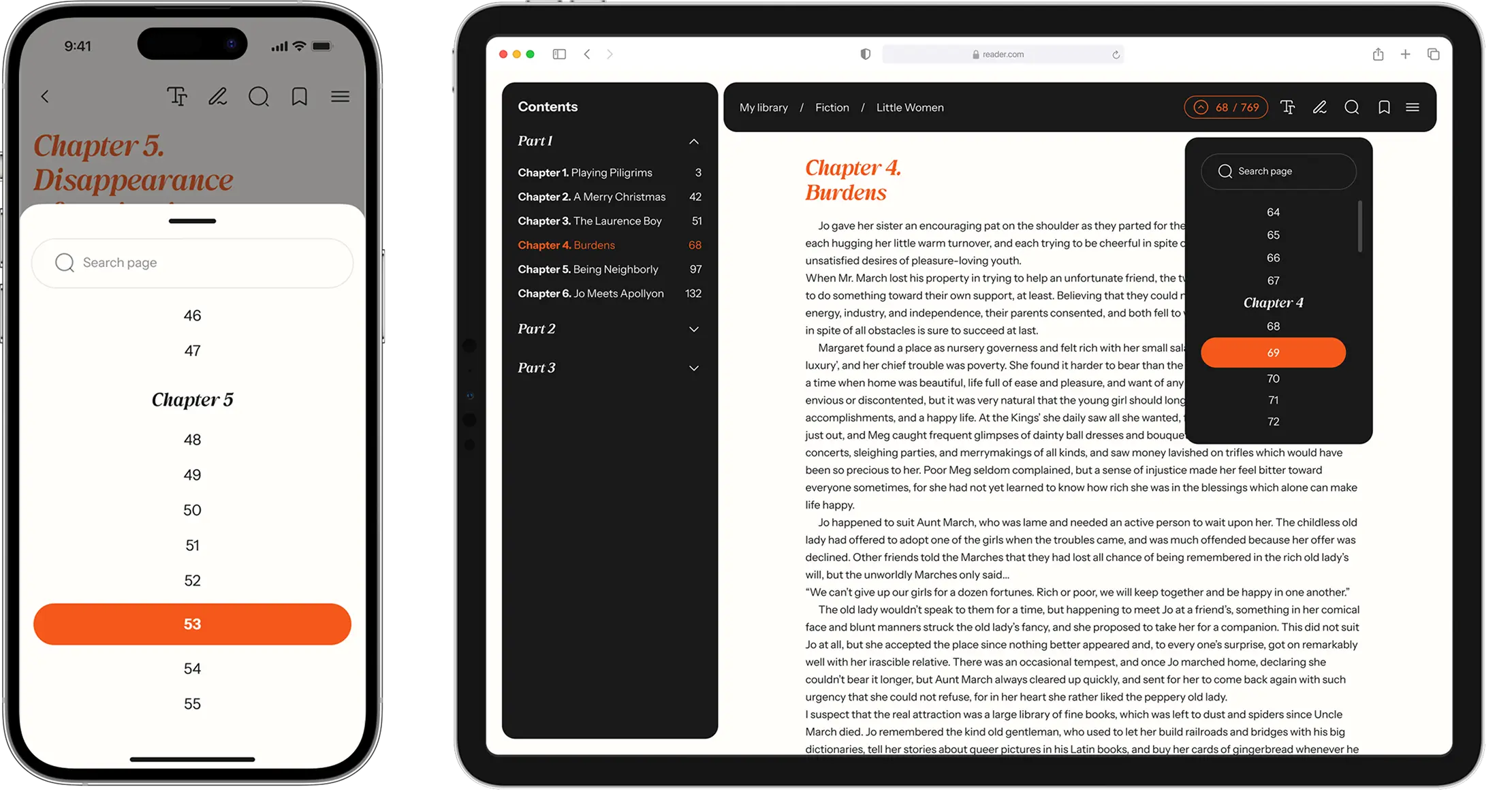 Phone and tablet showing the page number dropdown and the table of contents of a book.