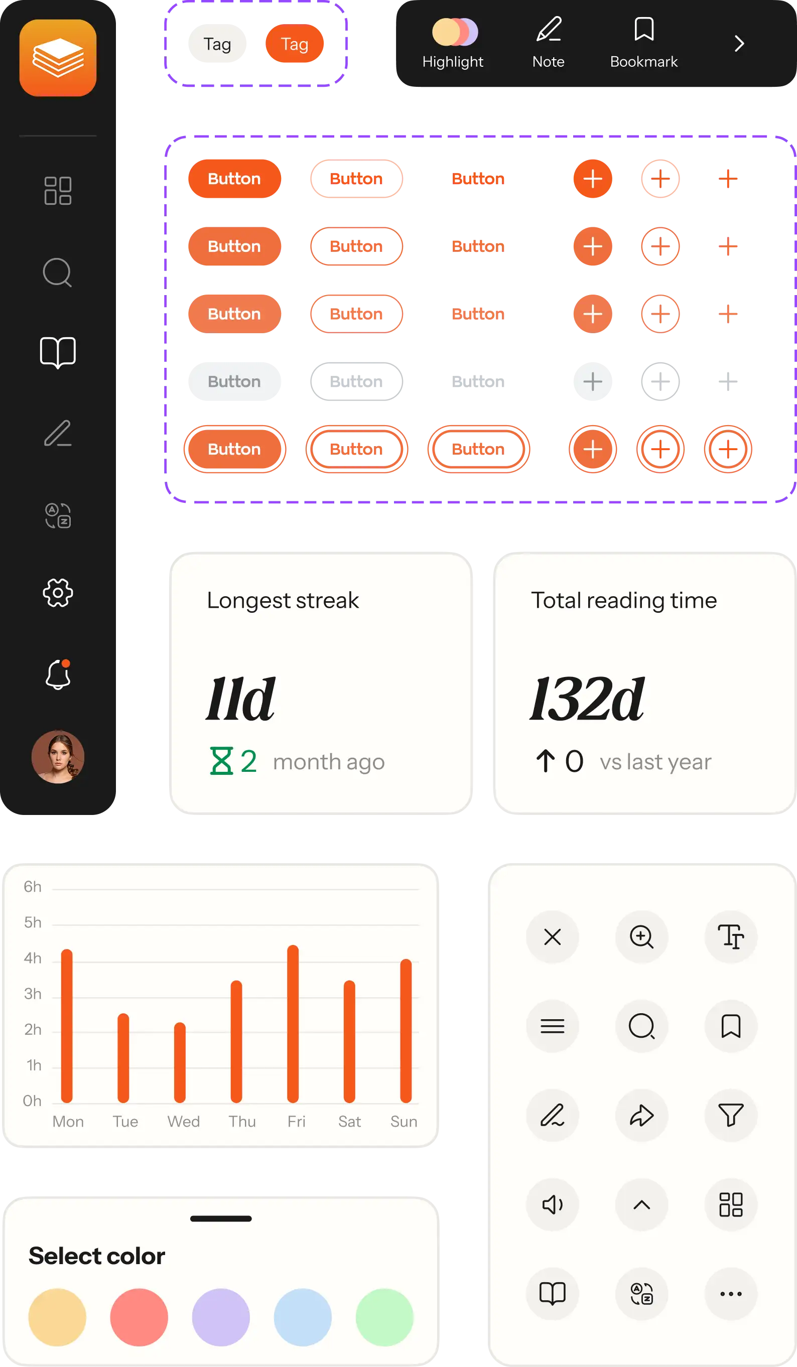 UI-kit with buttons, tags, icons, a weekly reading time chart and a highlight color picker.