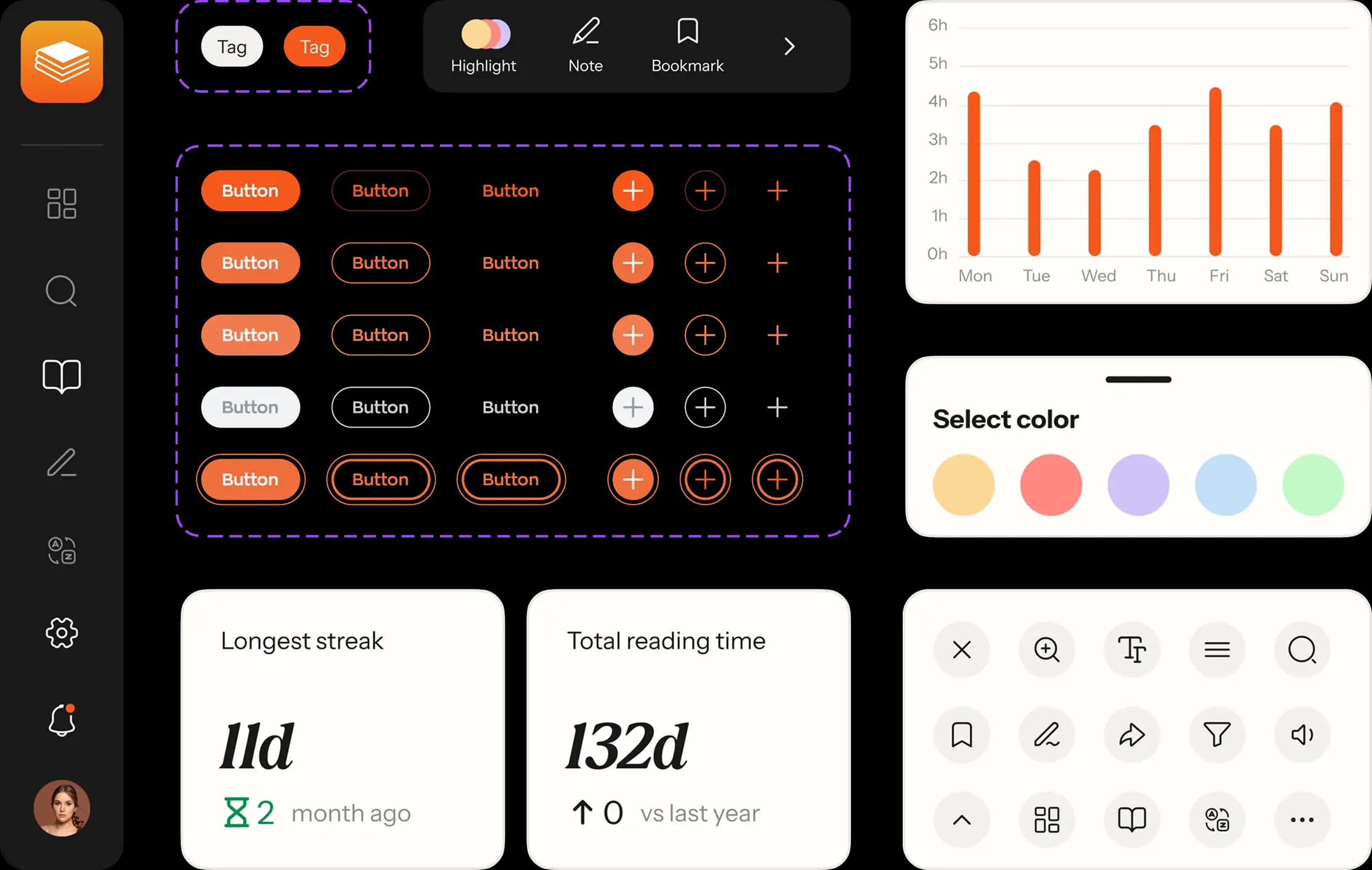 UI-kit with buttons, tags, icons, a weekly reading time chart and a highlight color picker.