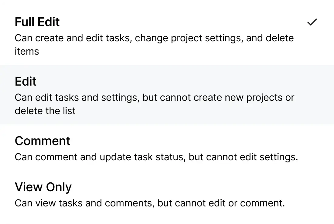 User role permissions list: Full Edit, selected — create, edit and delete items, change settings; Edit — edit tasks and settings only; Comment — comment and update task status; View Only — read-only access.