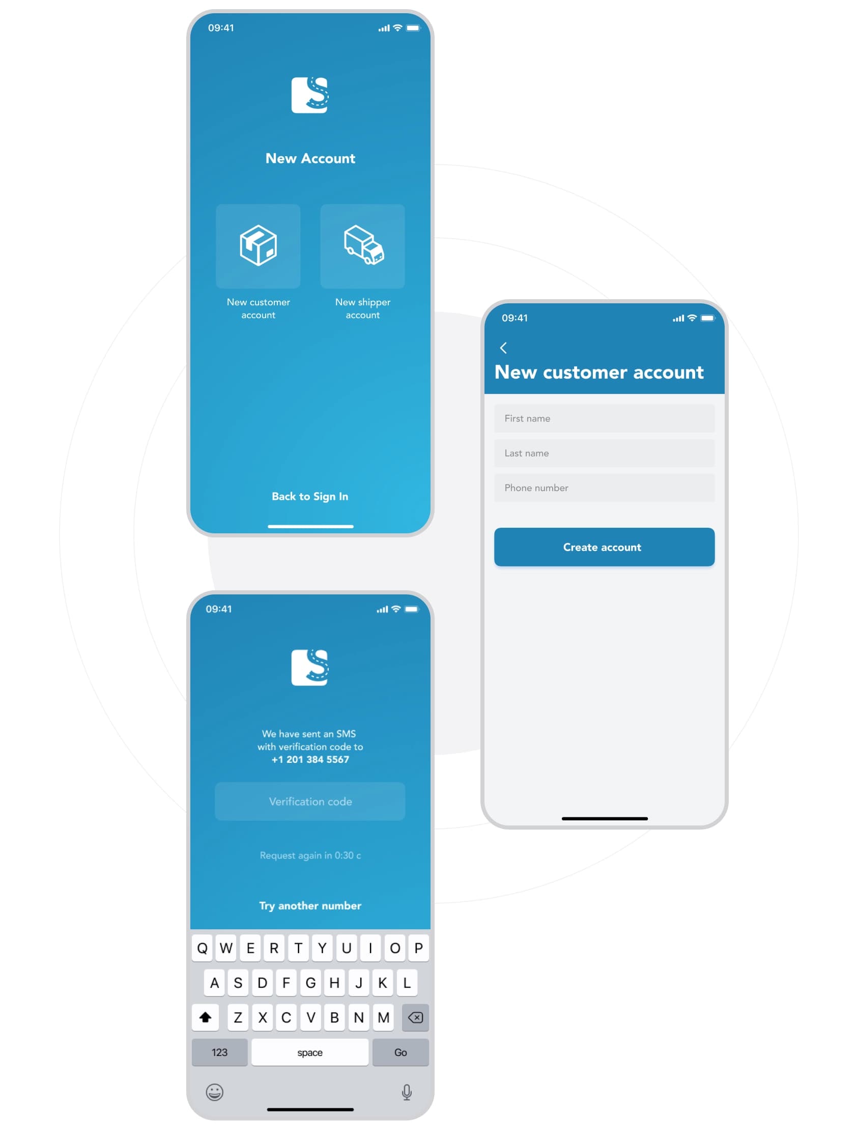 Three ShipMe mobile screens for new customer account signup and SMS verification.