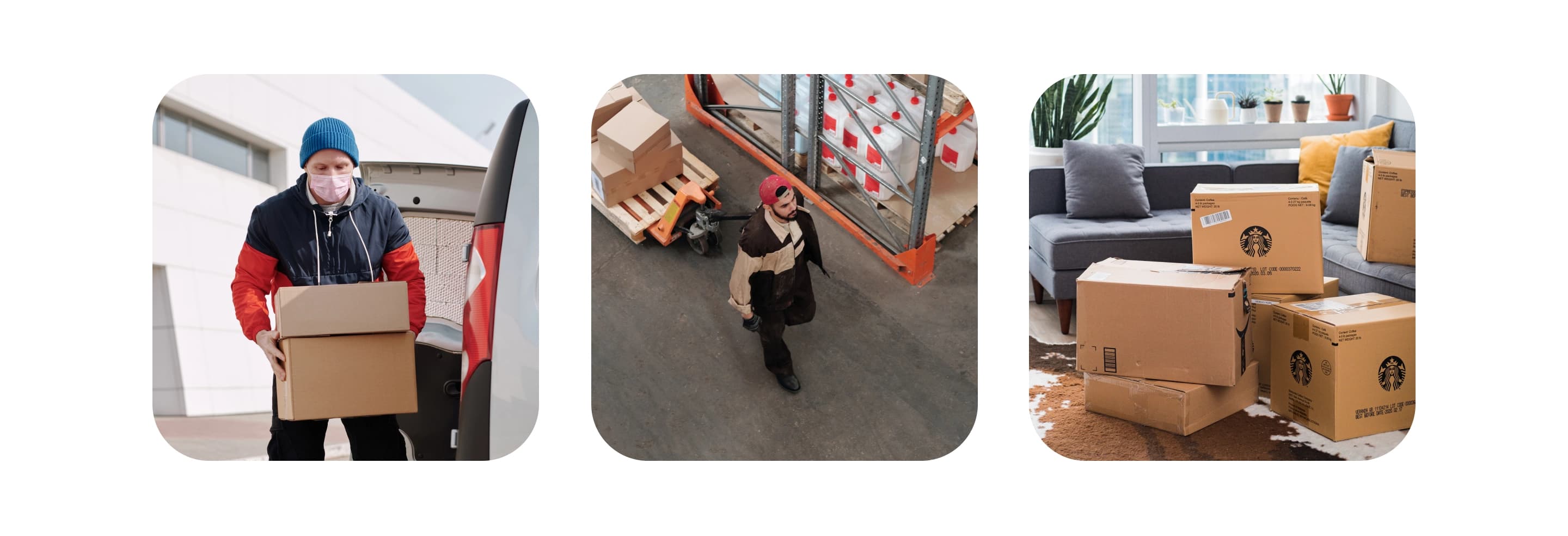 Three photos: a courier carrying a parcel, a warehouse worker moving a pallet, and delivery boxes stacked in a living room.