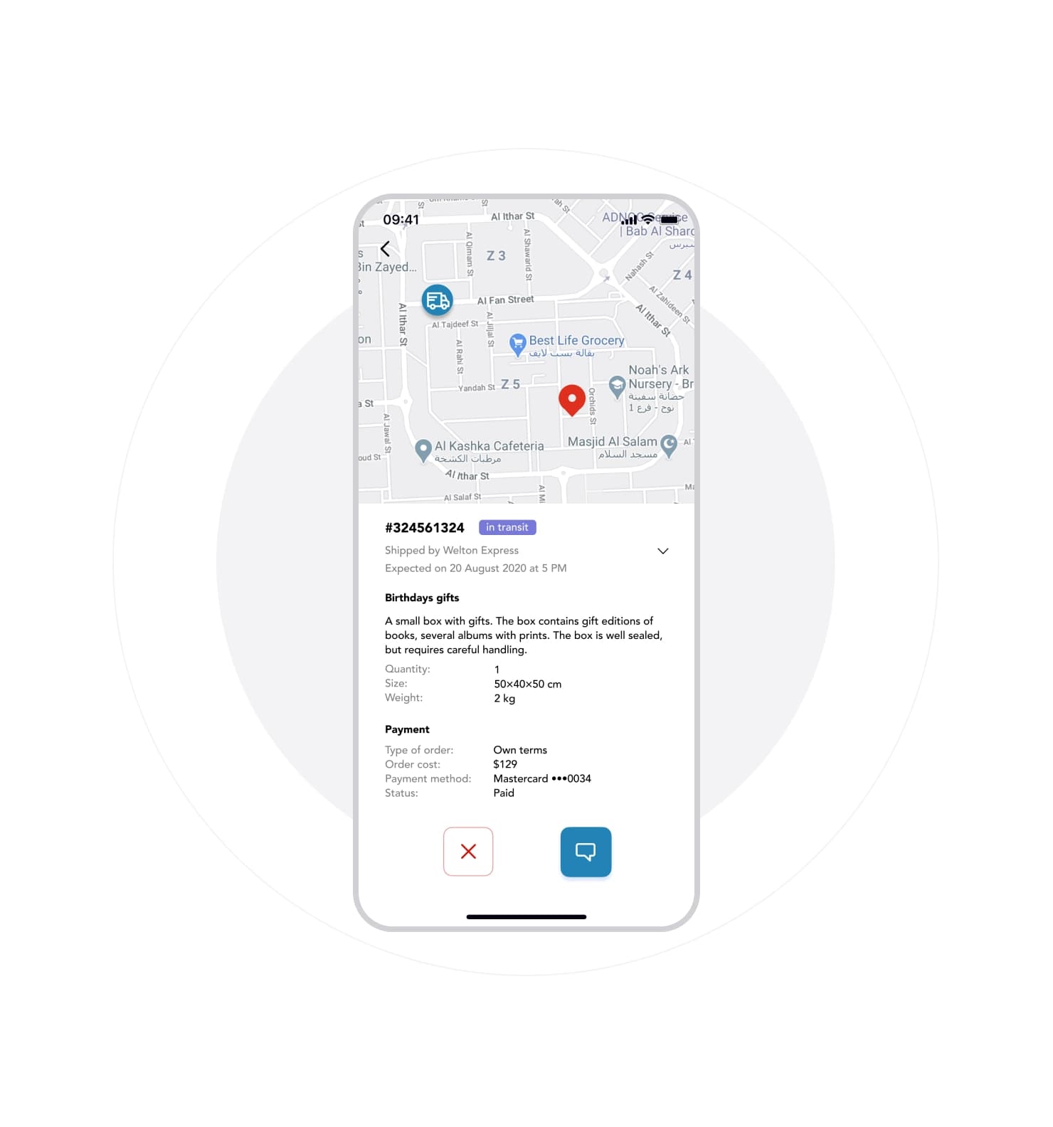ShipMe phone showing shipment tracking on a map with parcel and payment details.