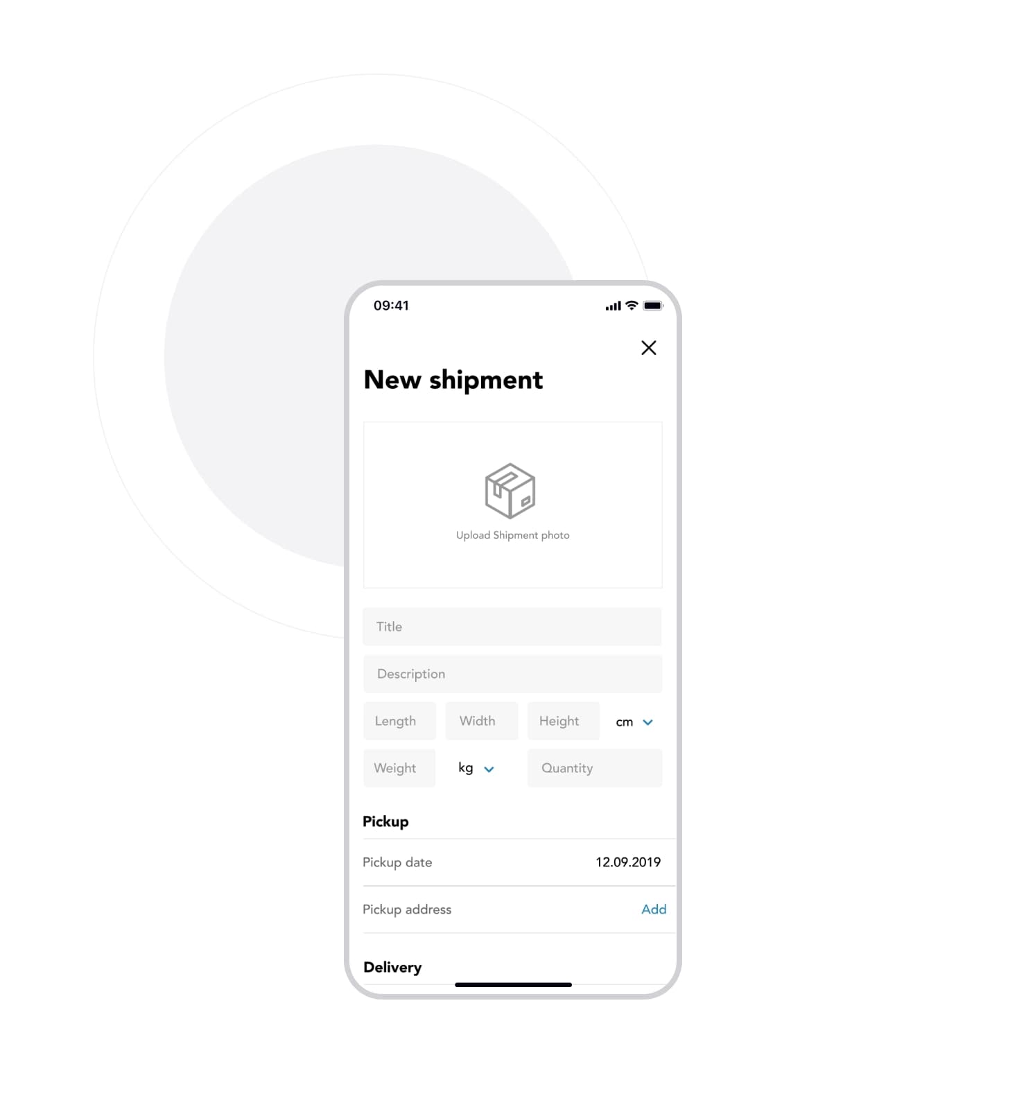 ShipMe phone showing the new shipment form with parcel size and pickup fields.