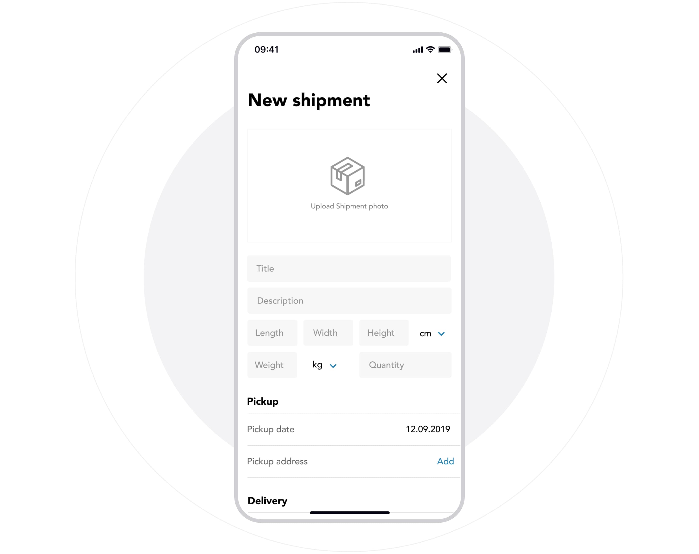 ShipMe phone showing the new shipment form with parcel size and pickup fields.