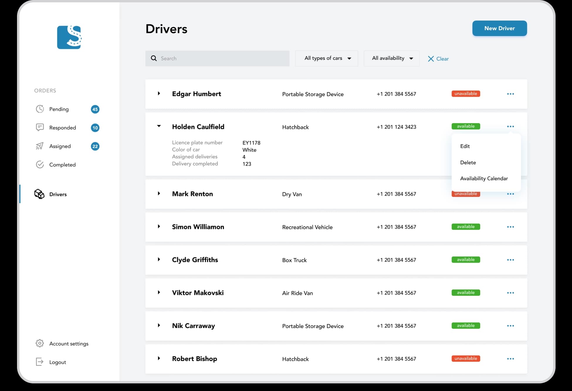 ShipMe admin Drivers screen listing drivers with vehicles and availability status.
