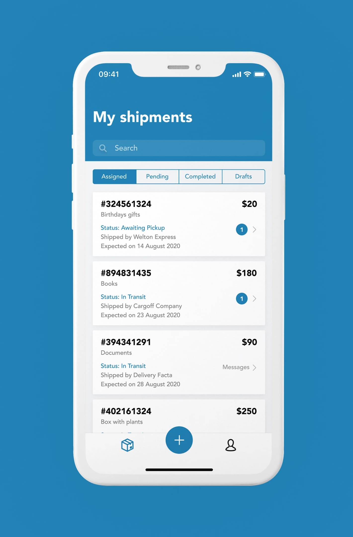 ShipMe mobile app showing the My shipments list with order numbers, statuses and prices.