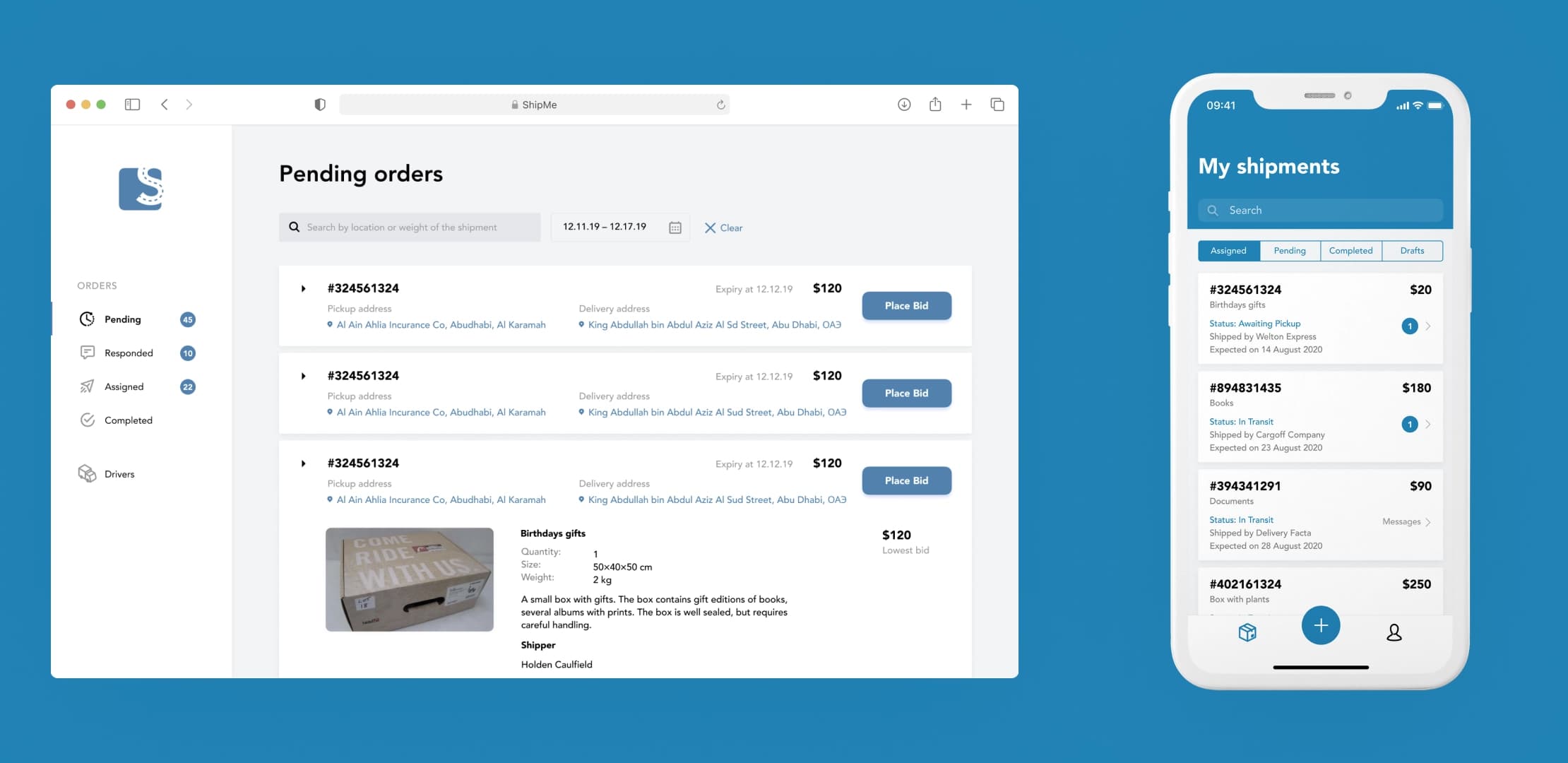ShipMe web dashboard and mobile shipments app shown side by side.