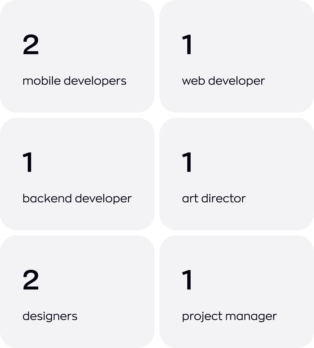 ShipMe project team: 2 mobile developers, 1 web developer, 1 backend developer, 1 art director, 2 designers and 1 project manager.