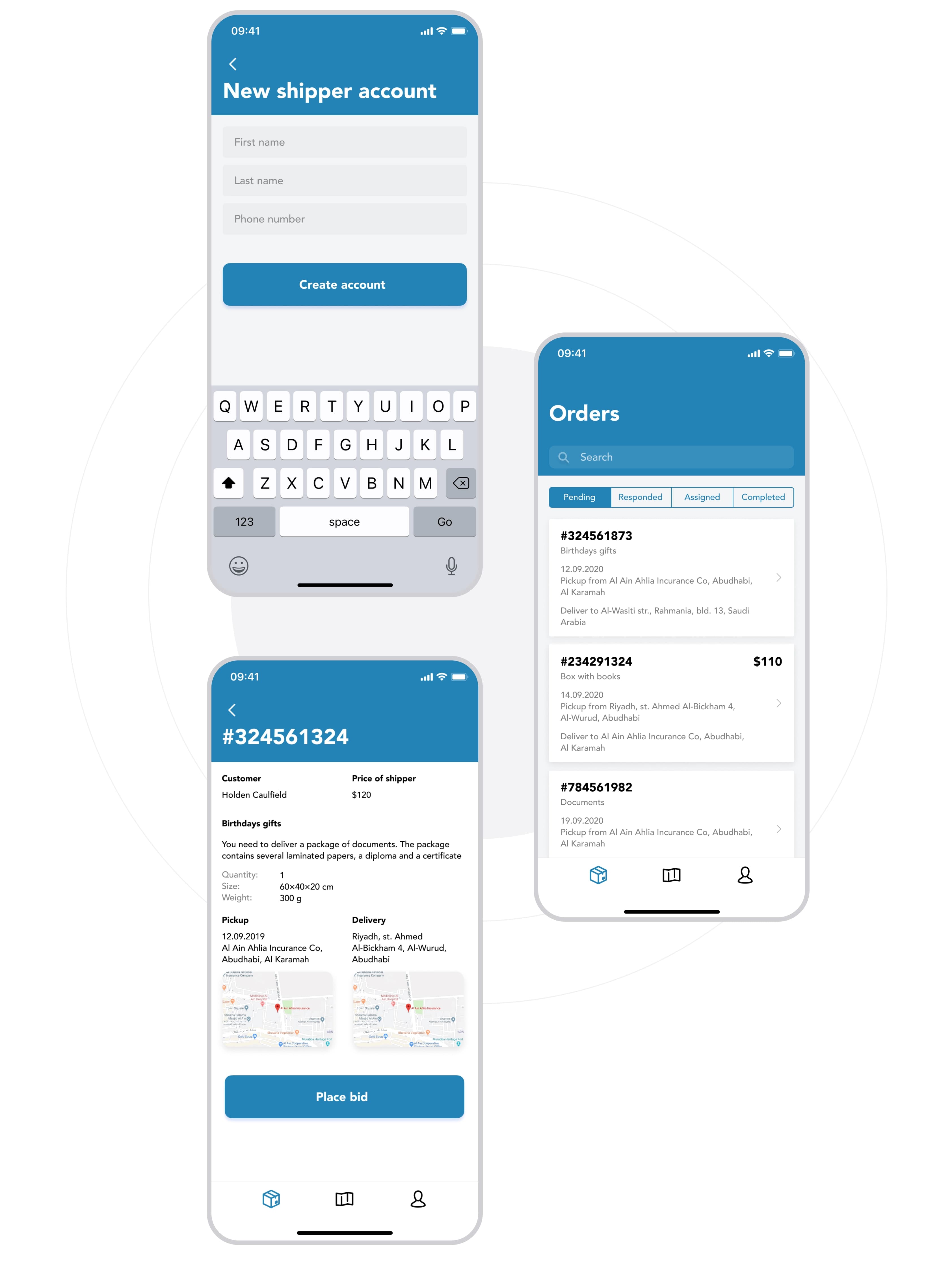Three ShipMe mobile screens for shipper signup, orders list and order details.