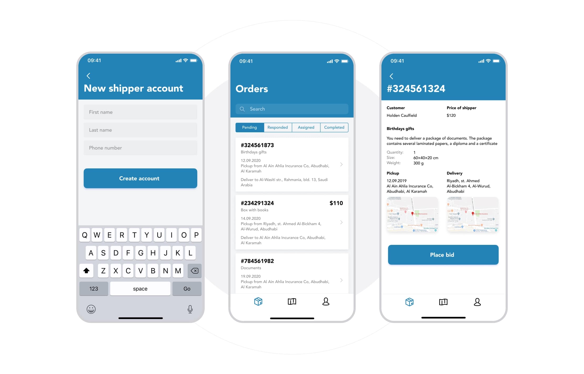 Three ShipMe mobile screens for shipper signup, orders list and order details.